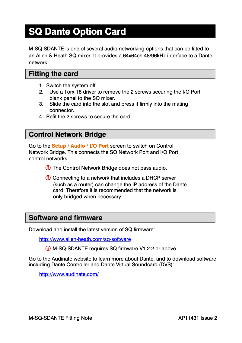 Page n°1 - Manuel utilisateur Allen & Heath SQ Dante