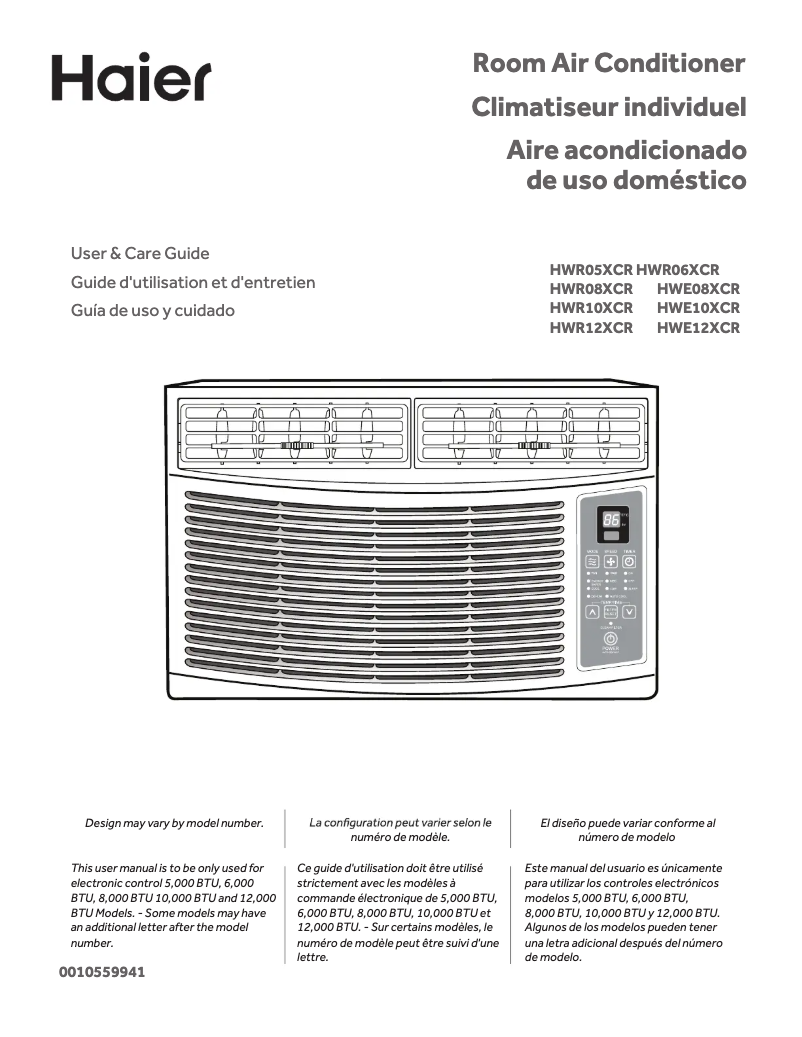 Page 1 de la notice Manuel d'utilisation et d'entretien Haier HWE12XCR
