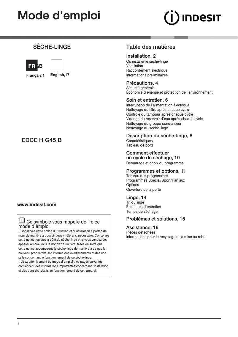 Imagen de la primera página del manual del dispositivo EDCE H G45 B (FR)