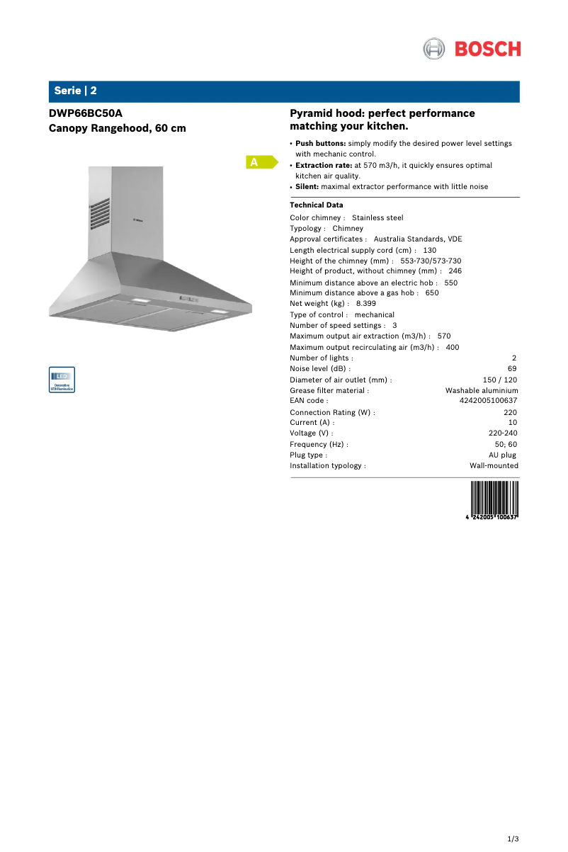 Page 1 de la notice Fiche technique Bosch DWP66BC50A