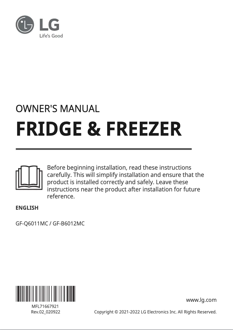 Page 1 de la notice Manuel utilisateur LG GF-B6012MC