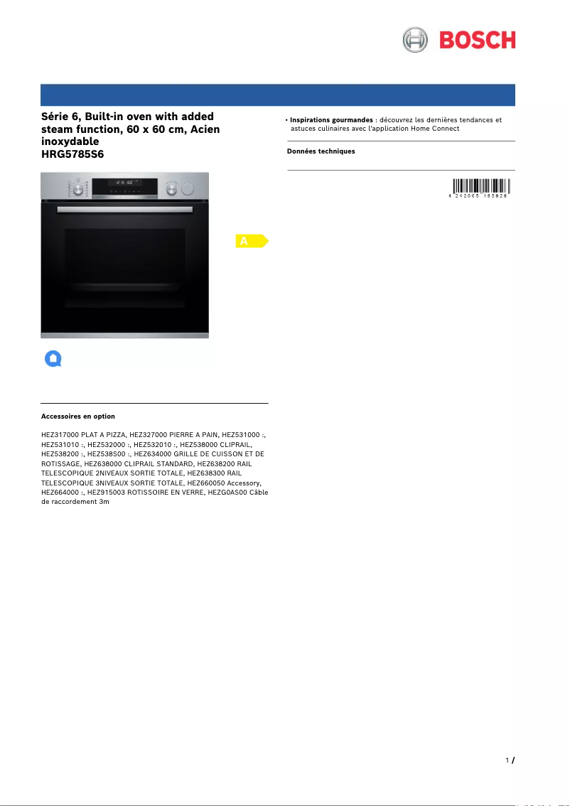 Page 1 de la notice Fiche technique Bosch HRG5785S6