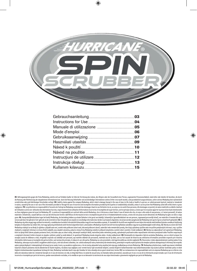 Page 1 de la notice Manuel utilisateur Hurricane Spin Scrubber