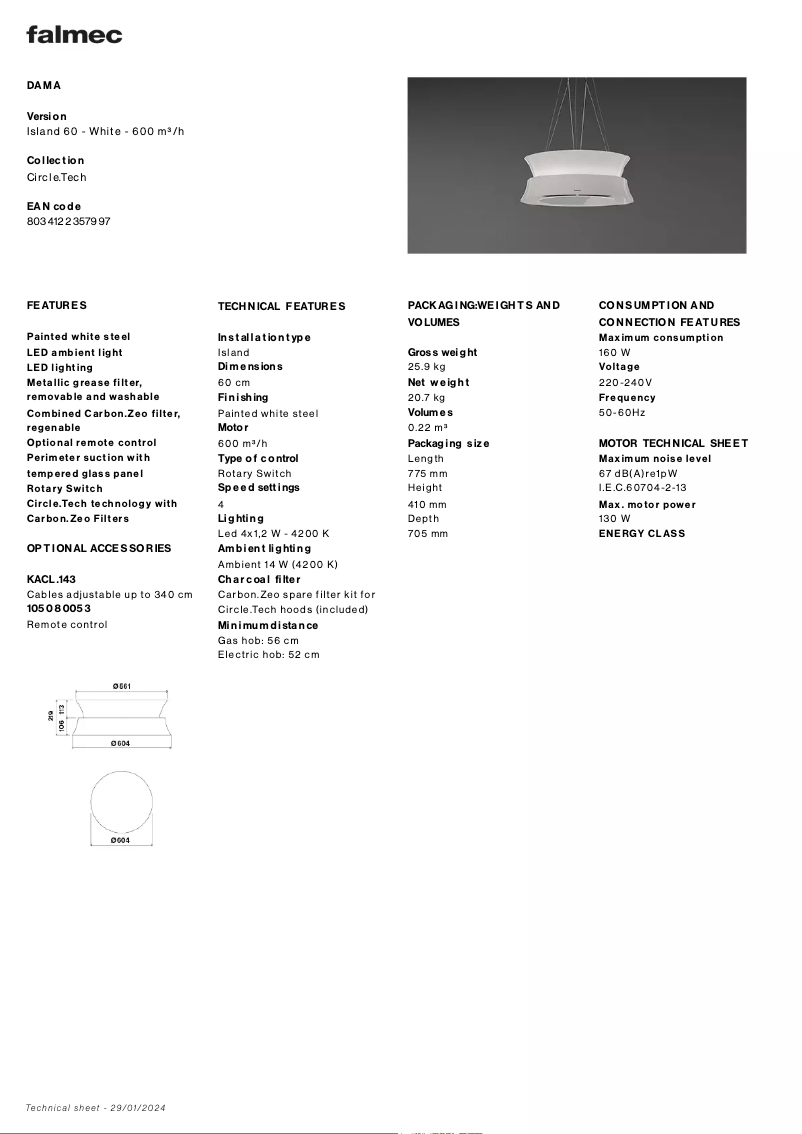 Page n°1 - Fiche technique Falmec Dama