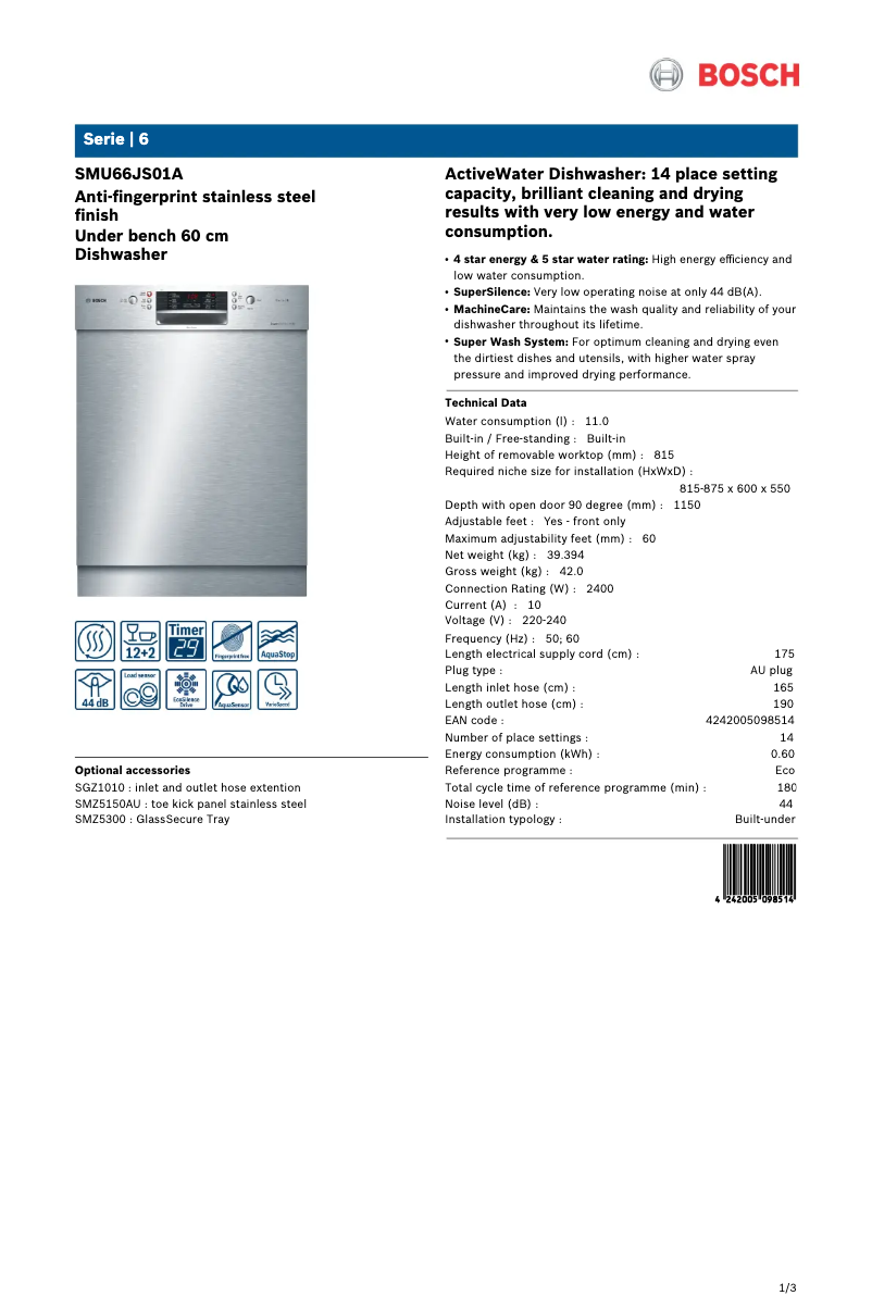 Page n°1 - Fiche technique Bosch SMU66JS01A
