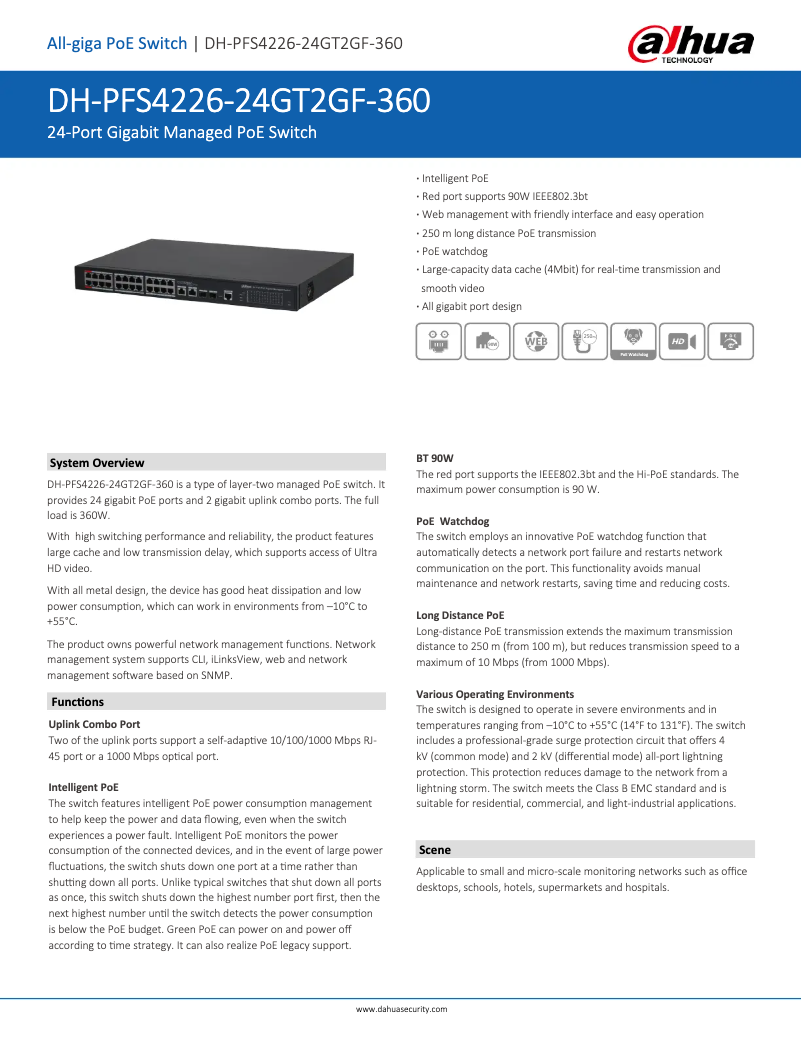 Page 1 de la notice Fiche technique Dahua Technology PFS4226-24GT2GF-360