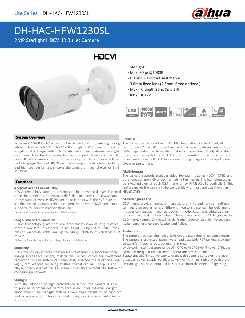 Page n°1 - Fiche technique Dahua Technology HAC-HFW1230SL