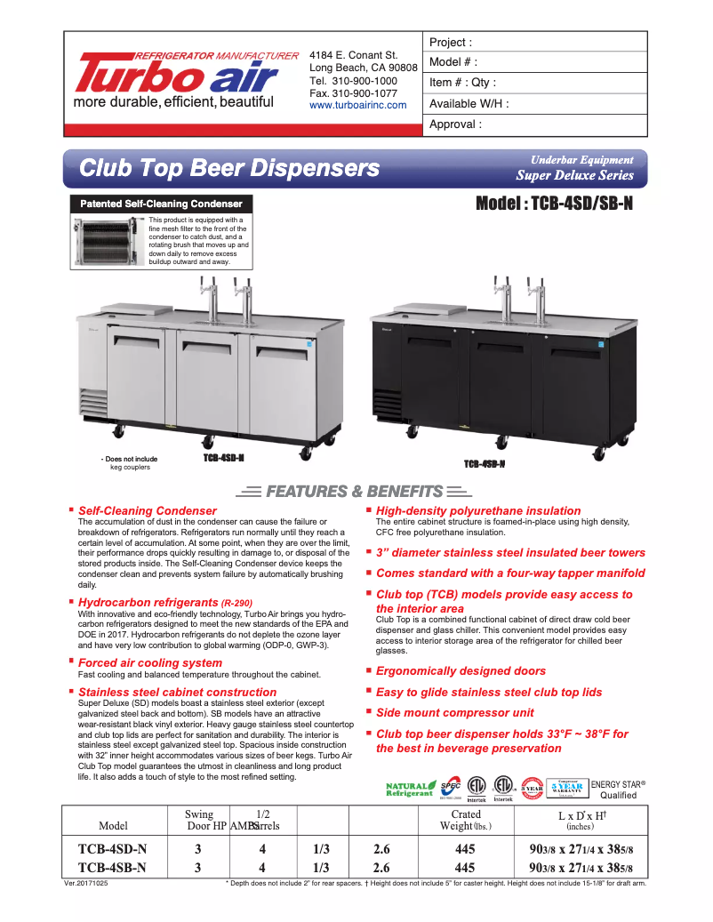 Page 1 de la notice Fiche technique Turbo air TCB-4SB
