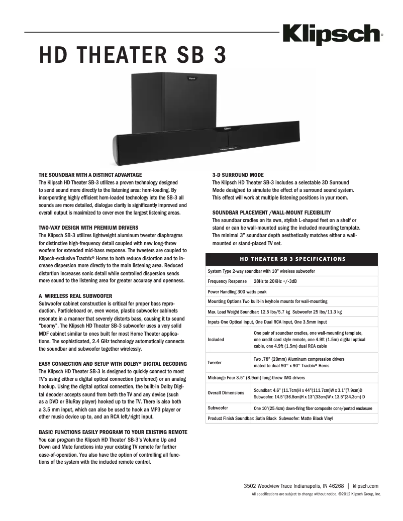 Image de la première page du manuel de l'appareil HD Theater SB 3