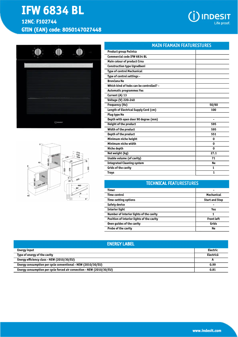 Page 1 de la notice Fiche technique Indesit IFW 6834 BL