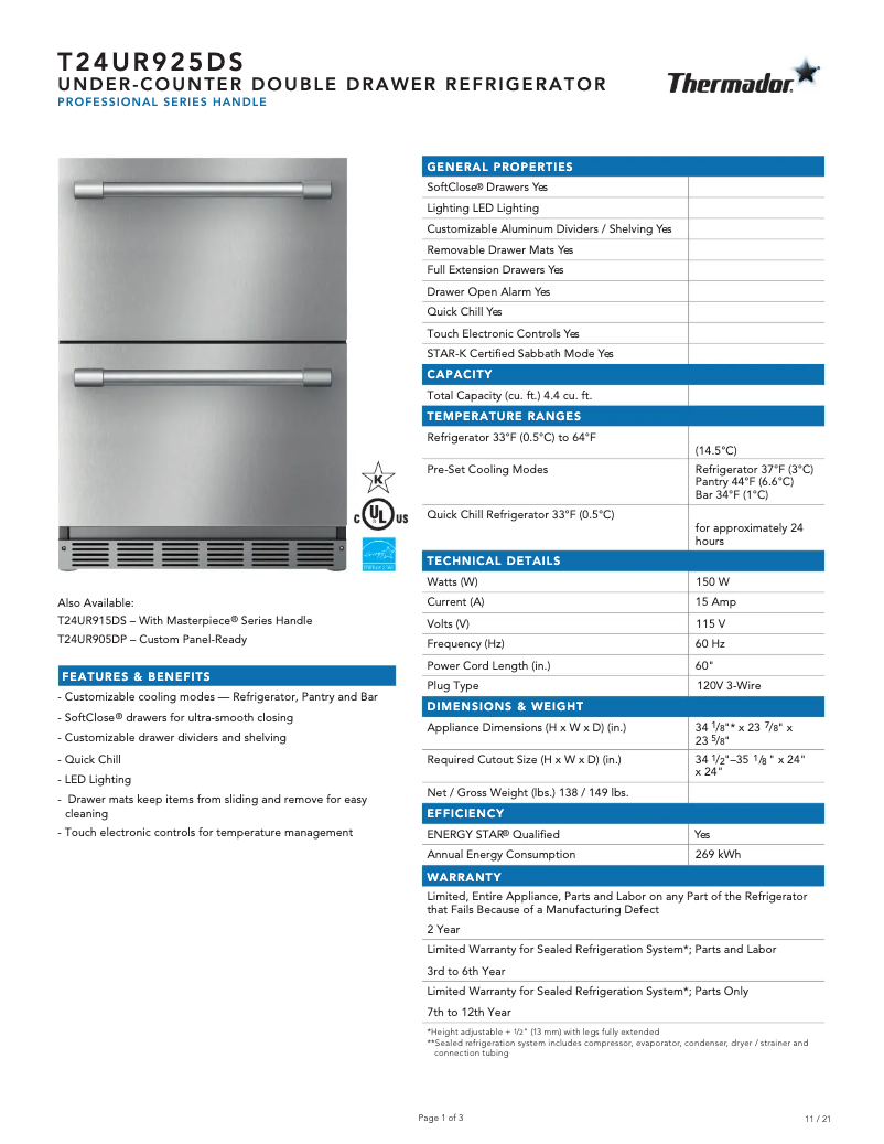 Page 1 de la notice Fiche technique Thermador T24UR925DS