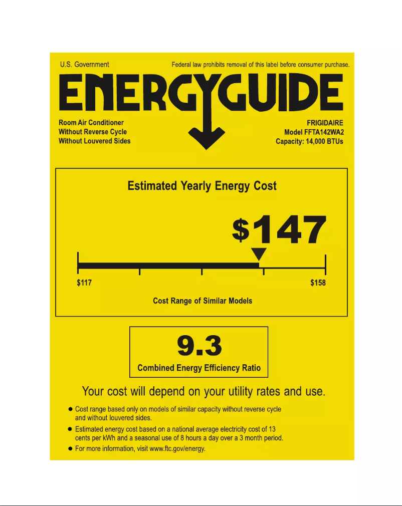 Page 1 de la notice Label énergétique Frigidaire FFTA142WA2