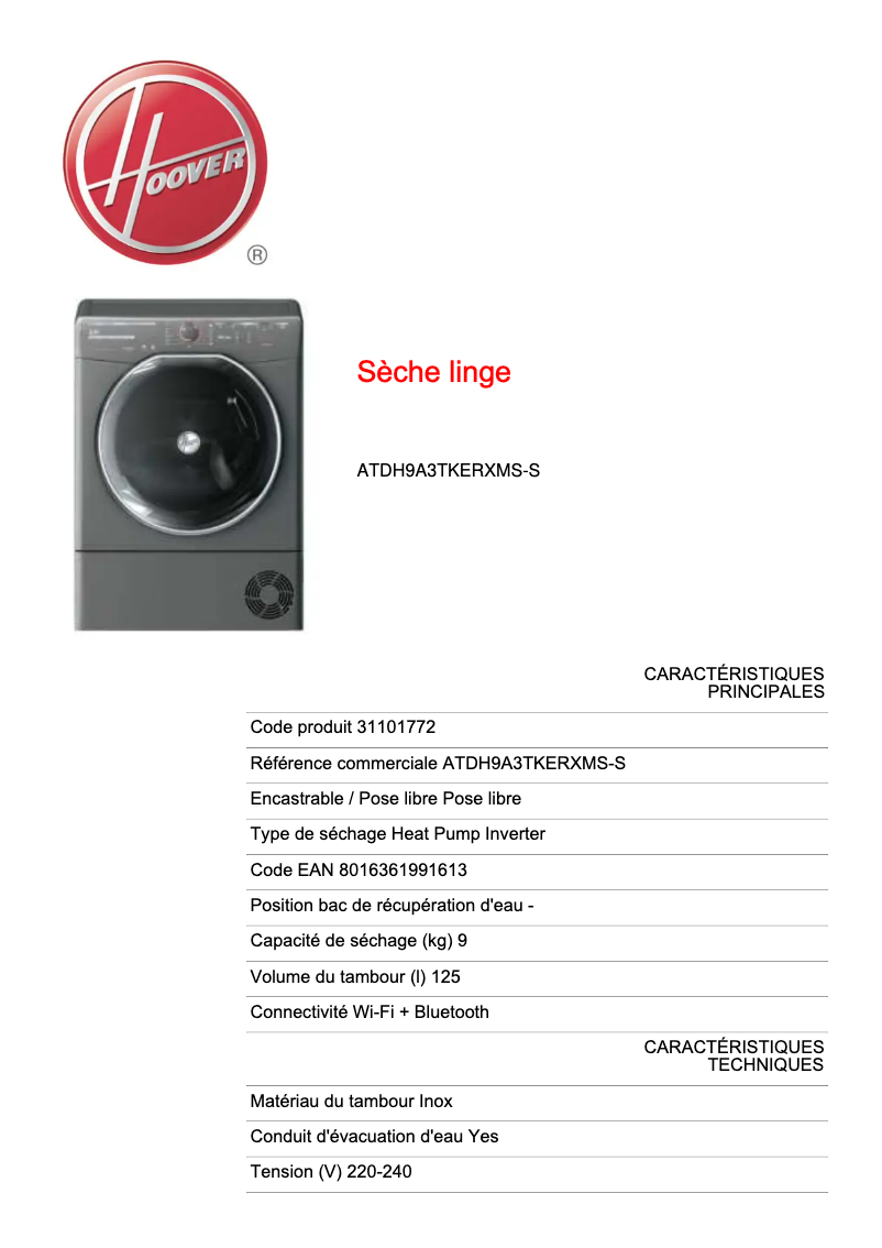 Page n°1 - Fiche technique Hoover ATDH9A3TKERXMS-S