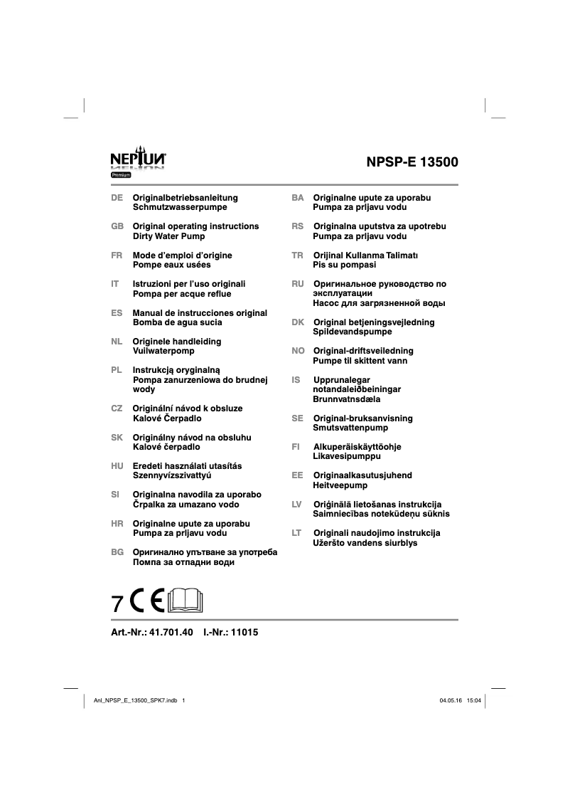 Page n°1 - Manuel utilisateur Neptun NPSP-E 13500