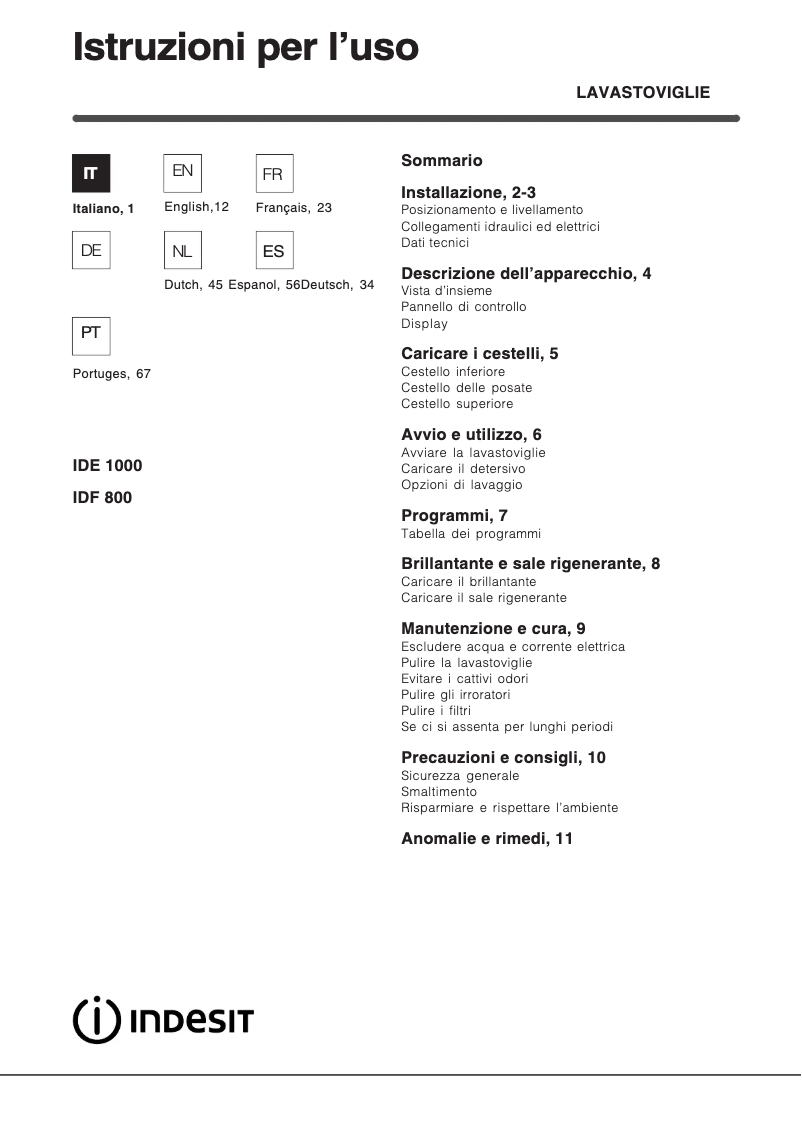 Page 1 de la notice Manuel utilisateur Indesit IDE 1000