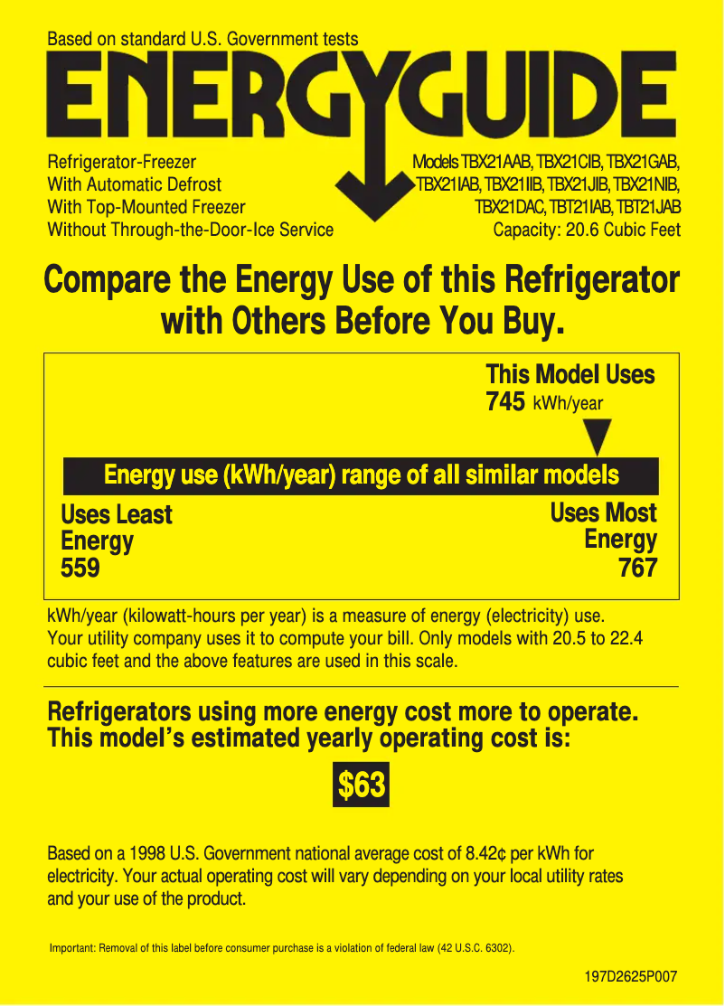 Page 1 de la notice Label énergétique GE TBT21JABAA