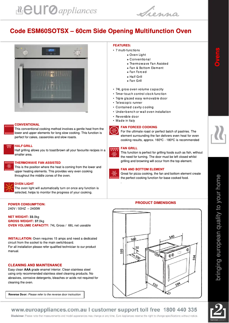 Page n°1 - Fiche technique Euro Appliances ESM60SOTSX
