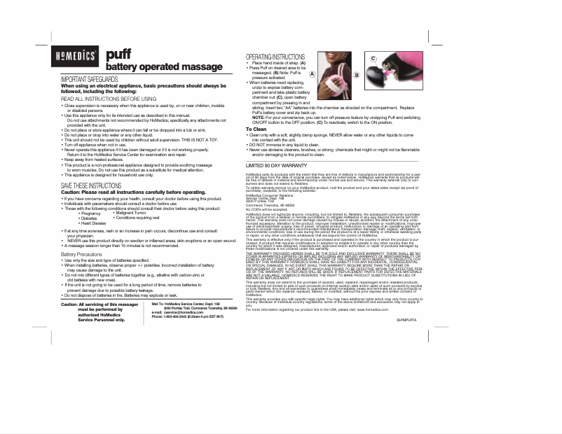 Page 1 de la notice Manuel utilisateur Homedics PM-PUFF