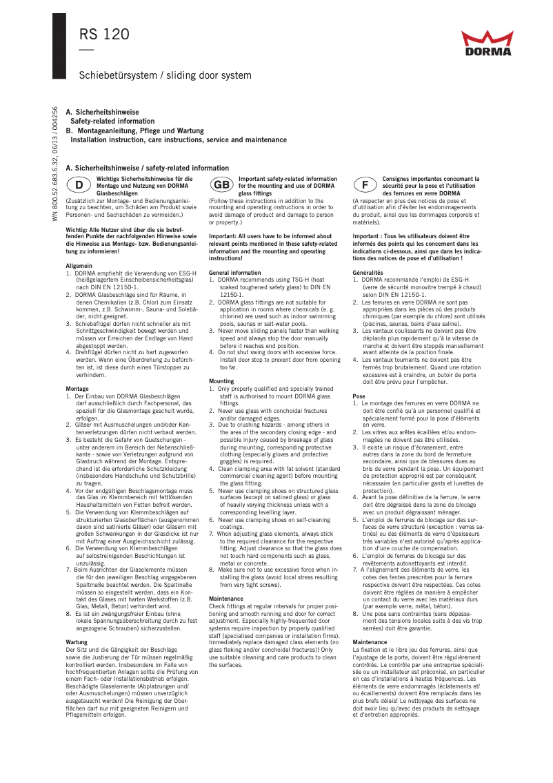 Page 1 de la notice Manuel utilisateur Dormakaba RS120