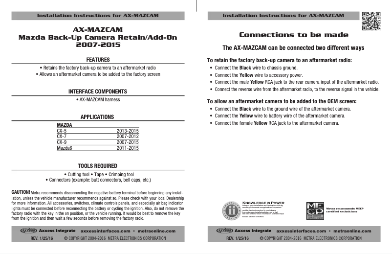 Page 1 de la notice Manuel utilisateur Axxess AX-MAZCAM