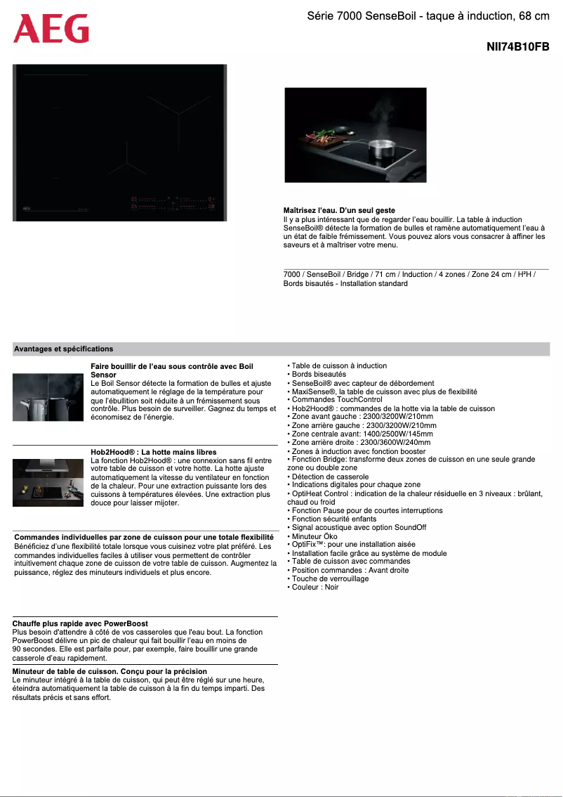 Page 1 de la notice Fiche technique AEG NII74B10FB