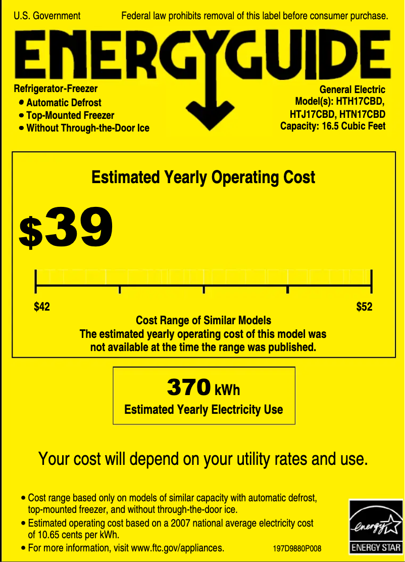Page 1 de la notice Label énergétique Hotpoint HTH17CBDLWW