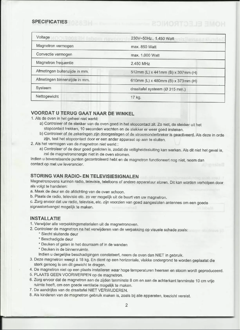 Page n°1 - Manuel utilisateur Holland Electro HE850E