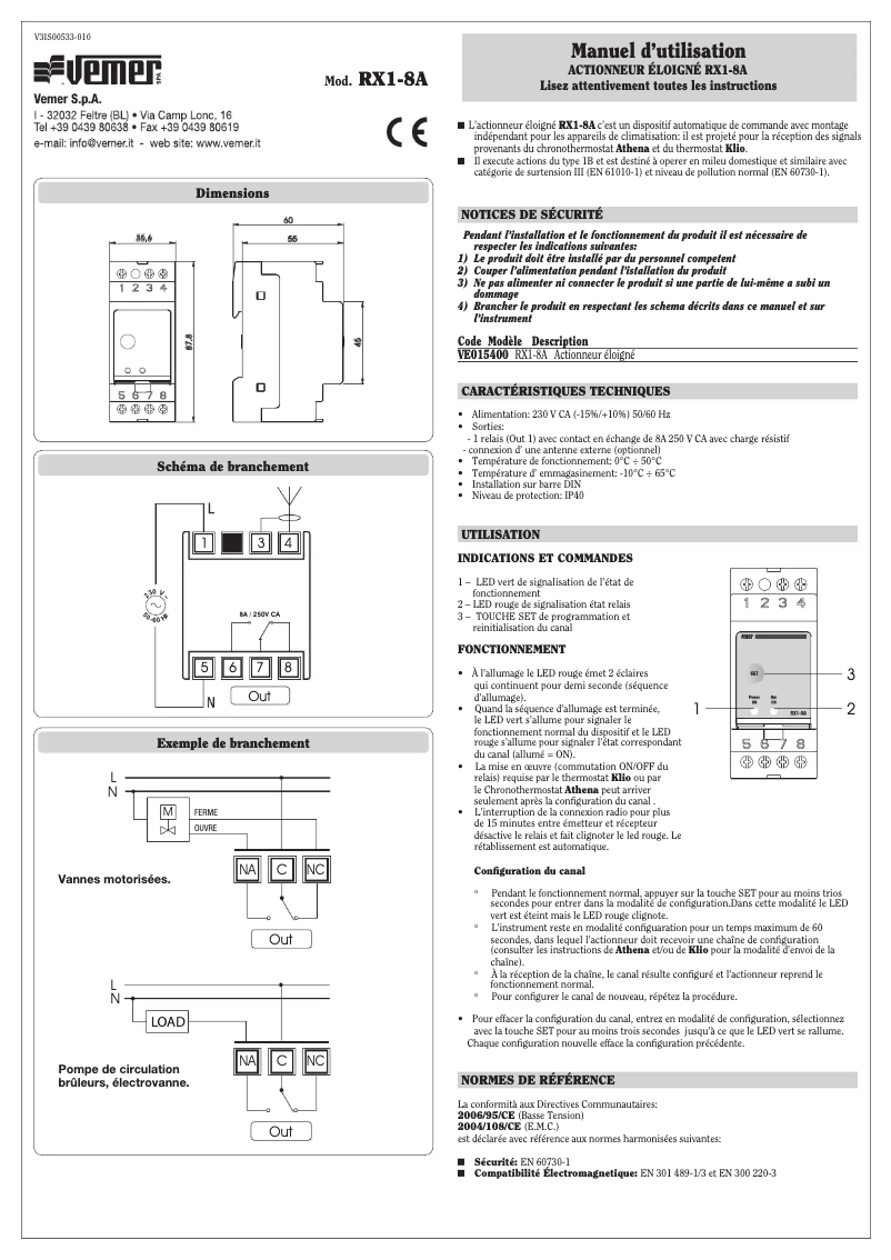 Page n°1 - Manuel utilisateur Vemer RX1-8A