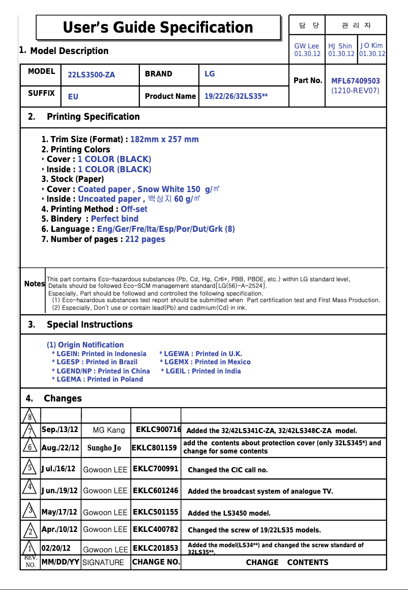 Page n°1 - Manuel utilisateur LG 32LS3500