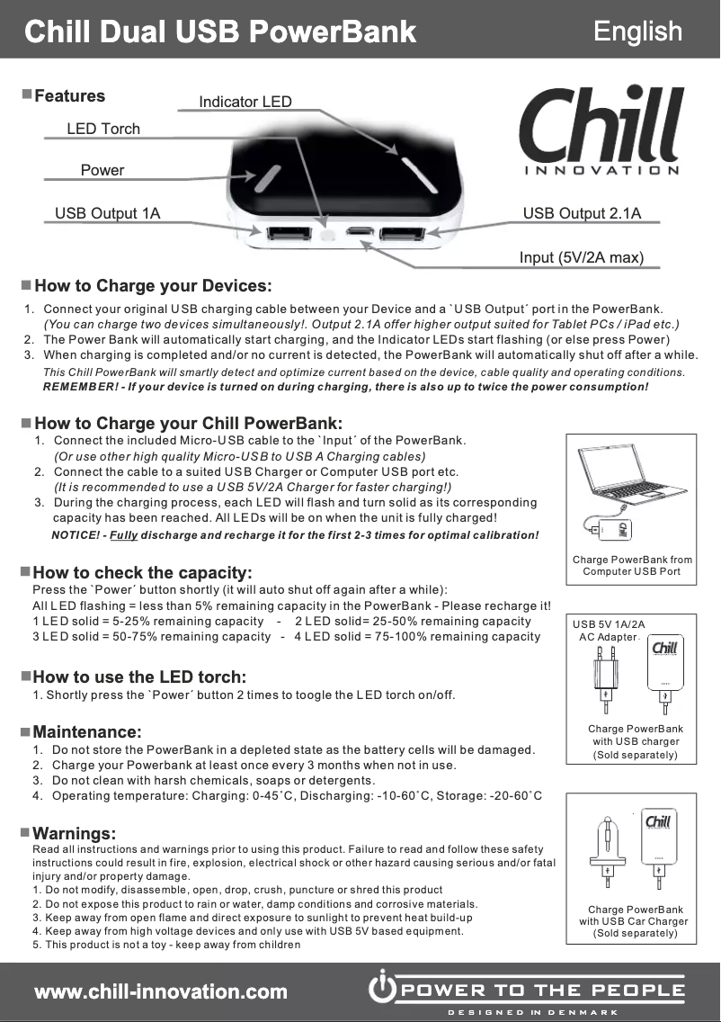 Page 1 de la notice Manuel utilisateur Chill Innovation PB-12000 USB Power Bank