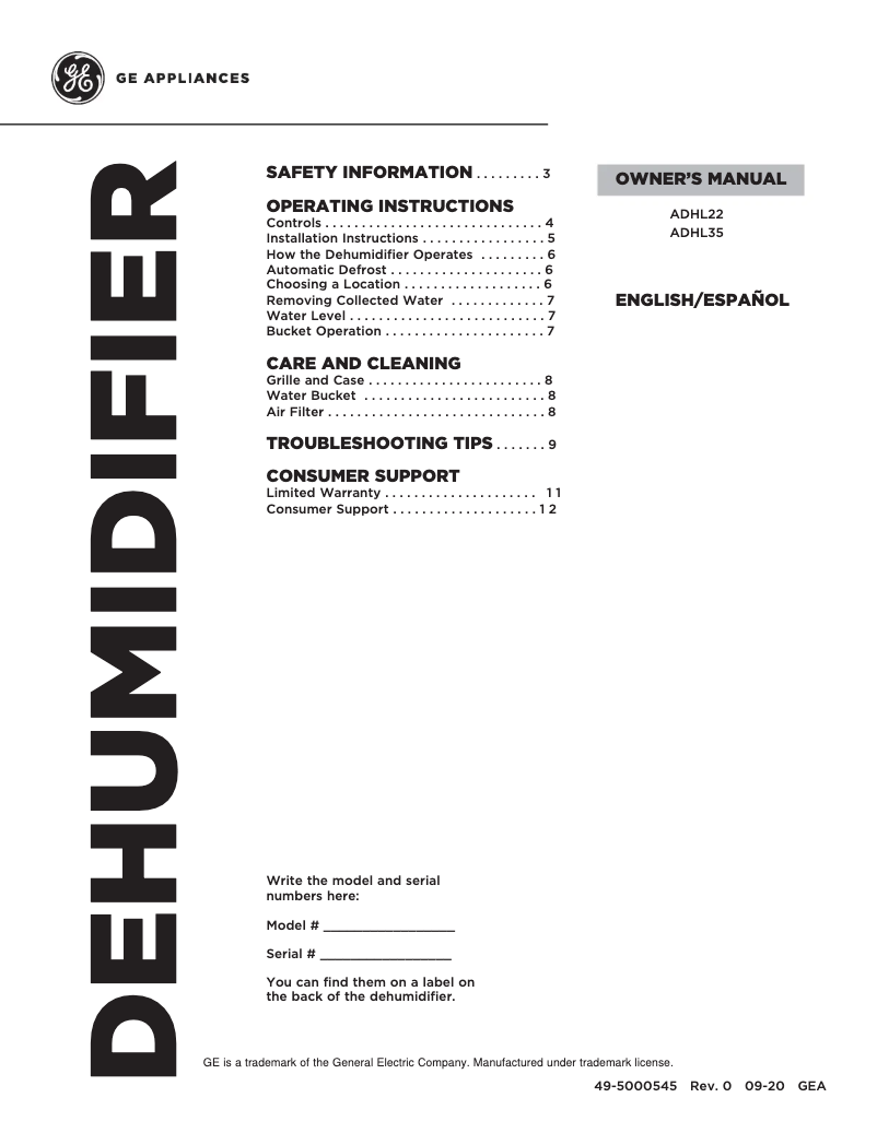 Page 1 de la notice Manuel d'utilisation et d'entretien GE ADHL35LA