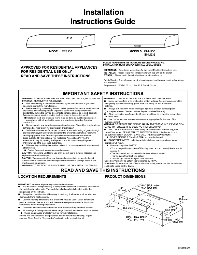 Page 1 de la notice Guide d'installation Elica Fusaro EFS130SS