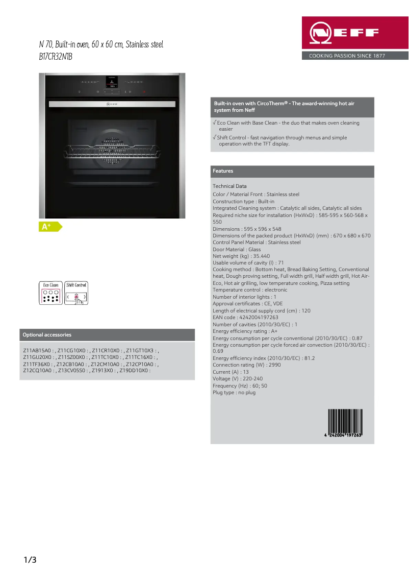 Page 1 de la notice Fiche technique Neff B17CR32N1B