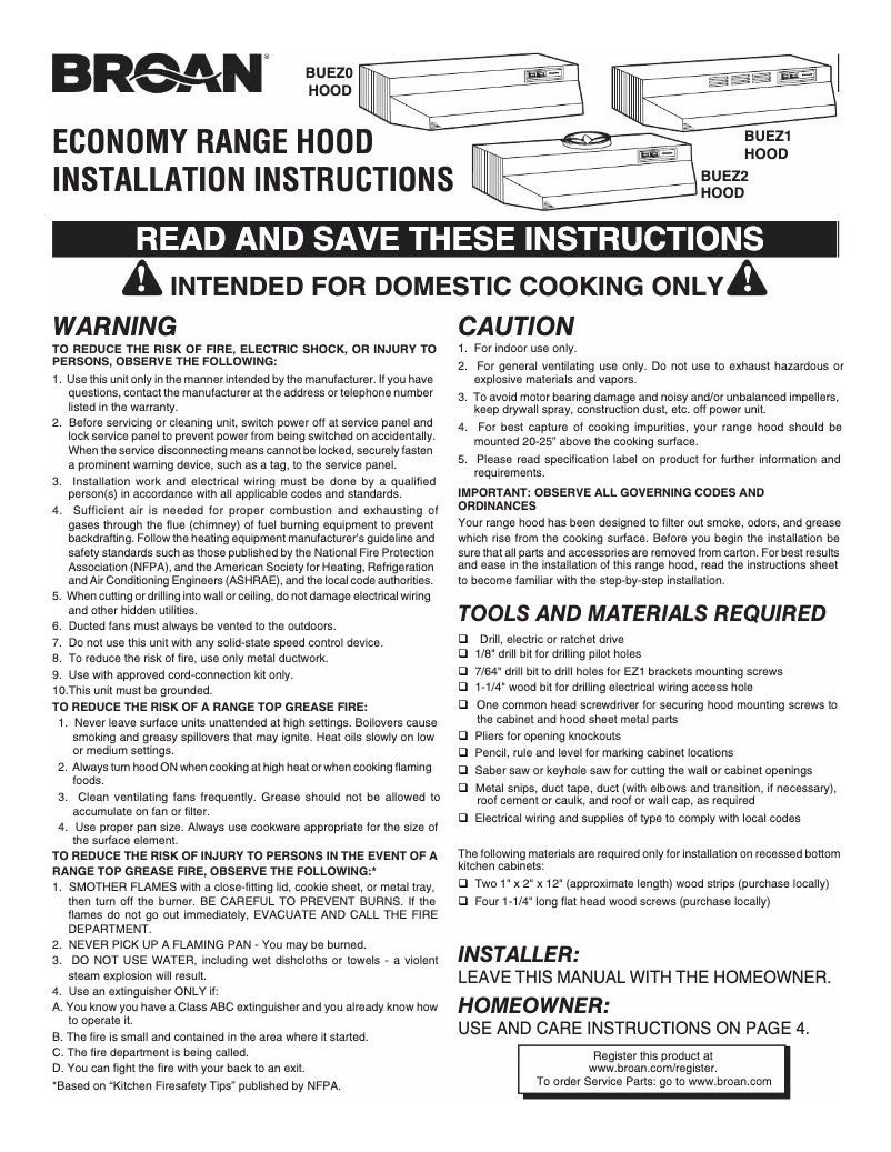 Page 1 de la notice Guide d'installation Broan BUEZ2