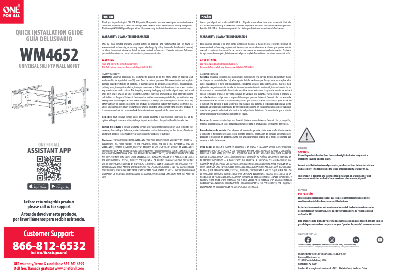Page 1 de la notice Manuel utilisateur One for all WM 4652