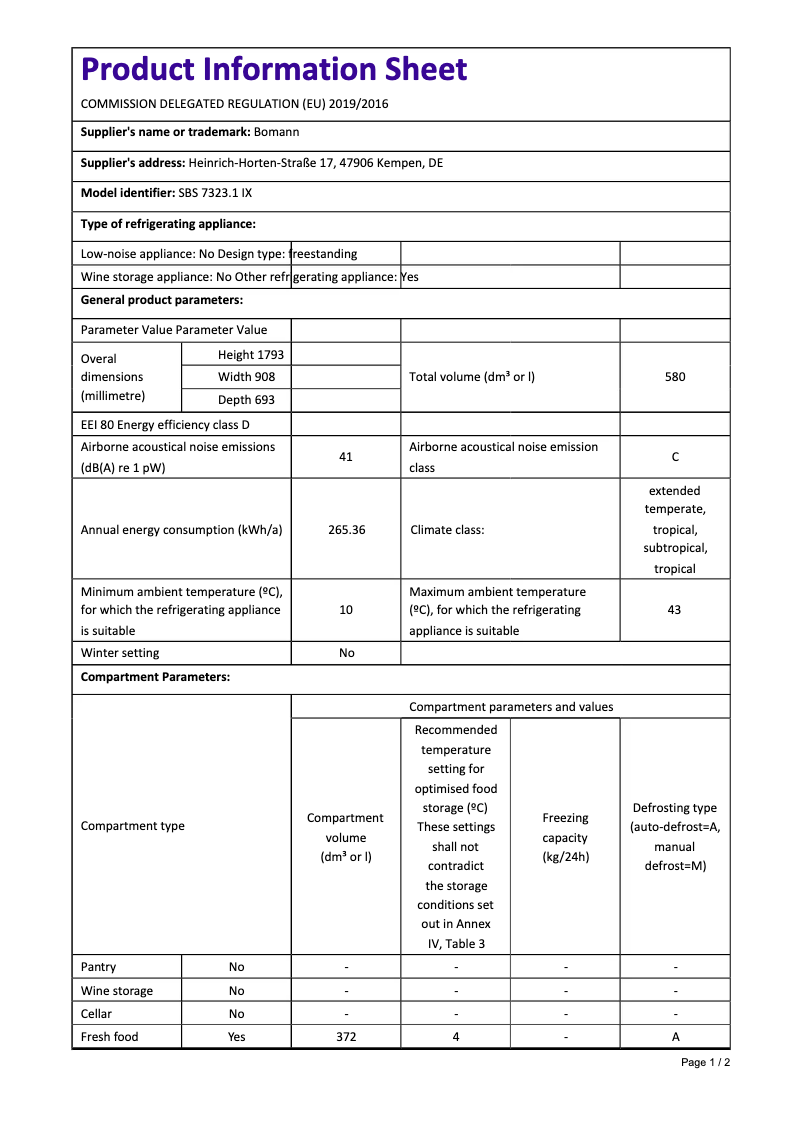Page 1 de la notice Fiche technique Bomann SBS 7323.1 IX