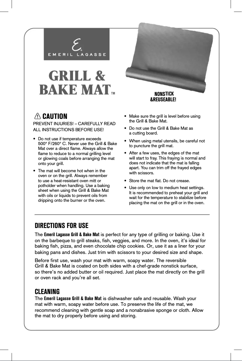 Page 1 de la notice Manuel utilisateur Emeril Everyday Grill & Bake Mat