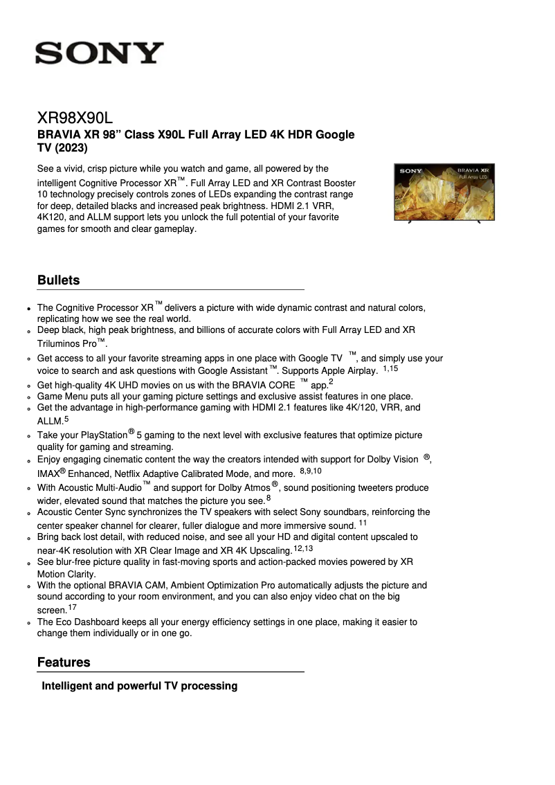 Página 1 del manual Ficha técnica Sony XR-98X90L