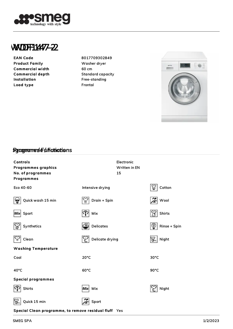 Page 1 de la notice Brochure Smeg WDF147-2