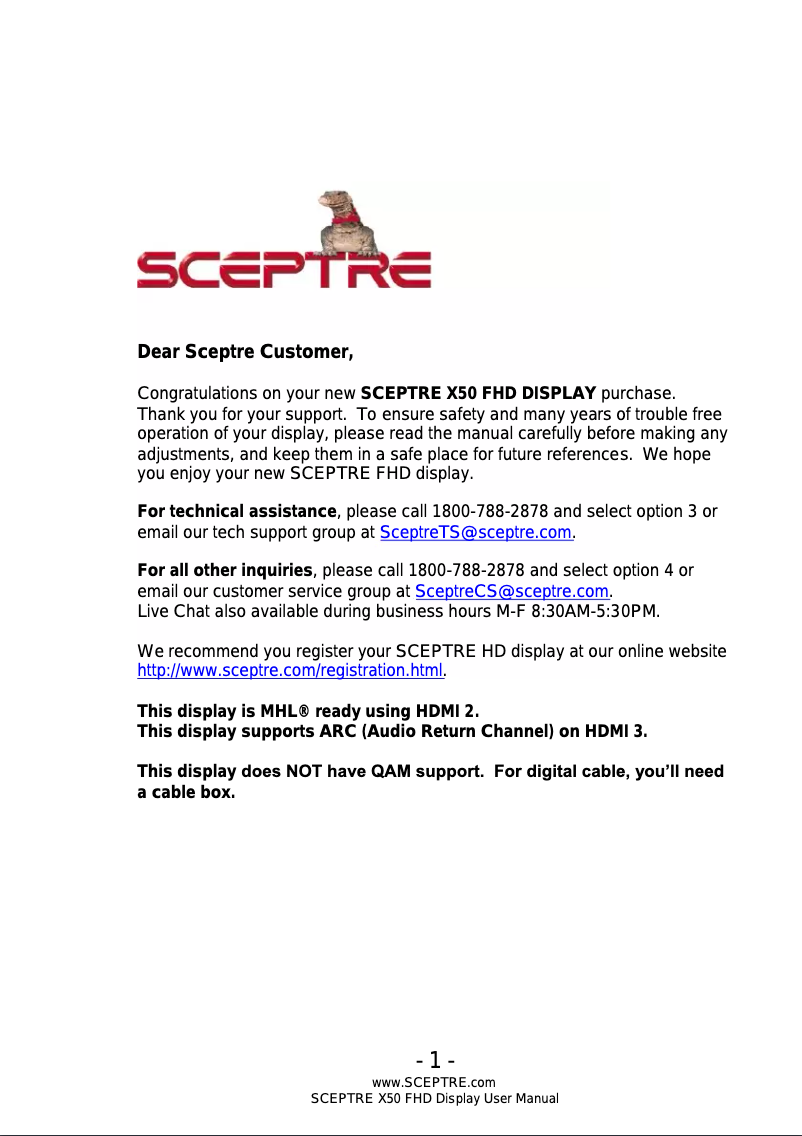 Page n°1 - Manuel utilisateur Sceptre X505BV-FMQCC