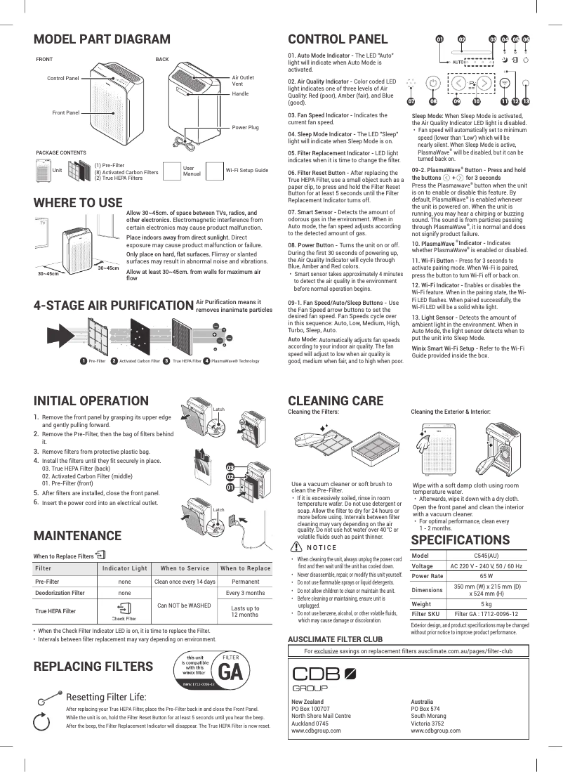 Page n°1 - Manuel utilisateur Winix C545