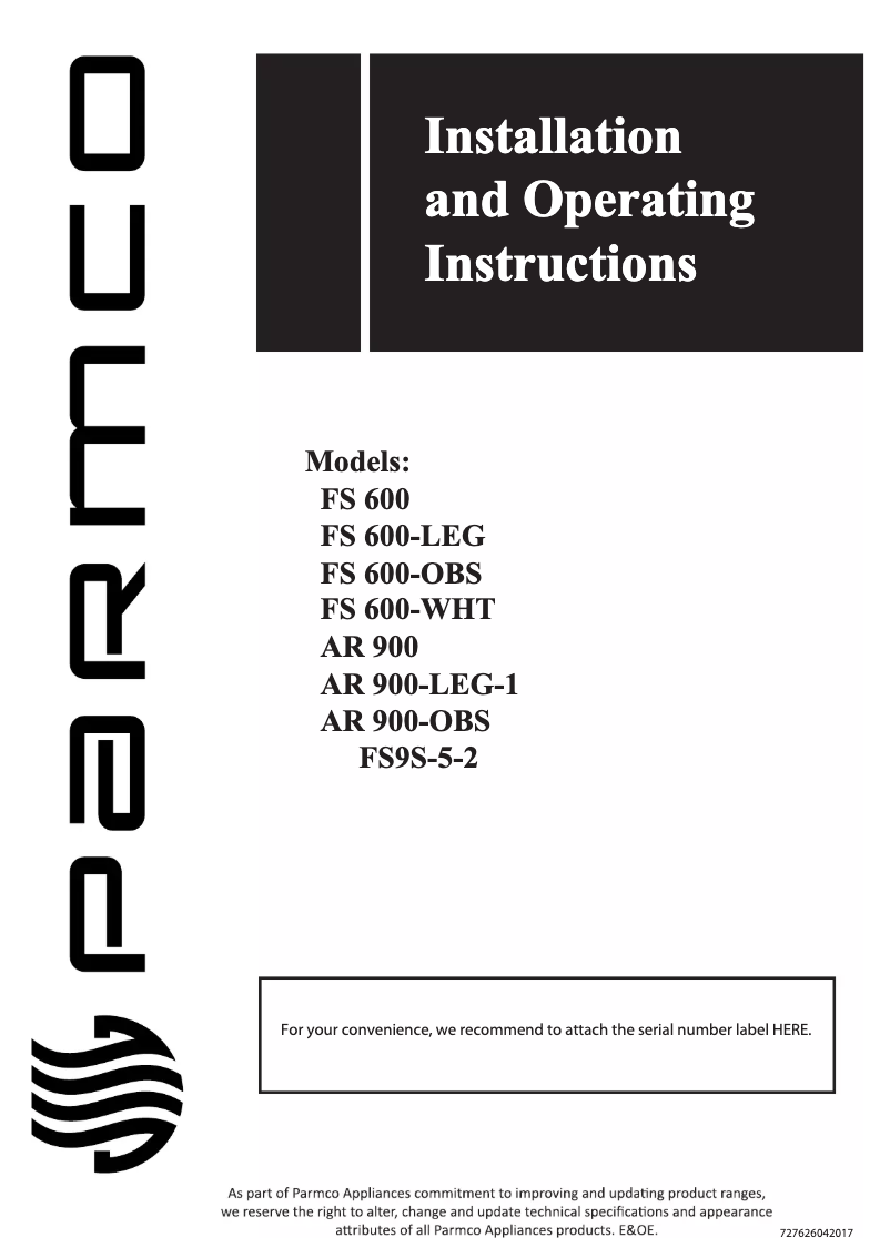 Page n°1 - Manuel utilisateur Parmco FS 600-OBS