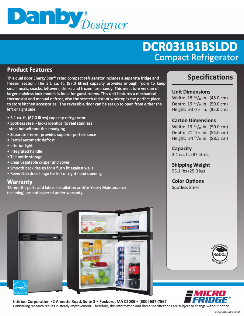 Page 1 de la notice Fiche technique Danby DCR031B1BSLDD