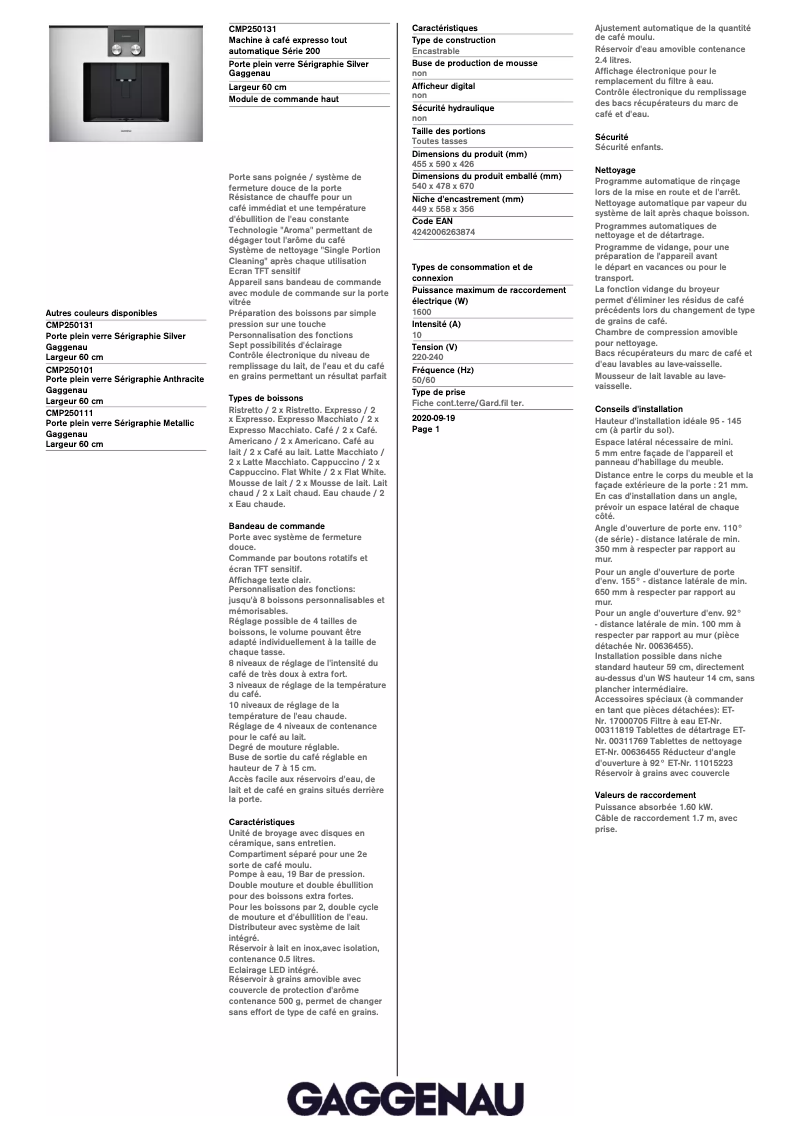 Page n°1 - Fiche technique Gaggenau CMP250131