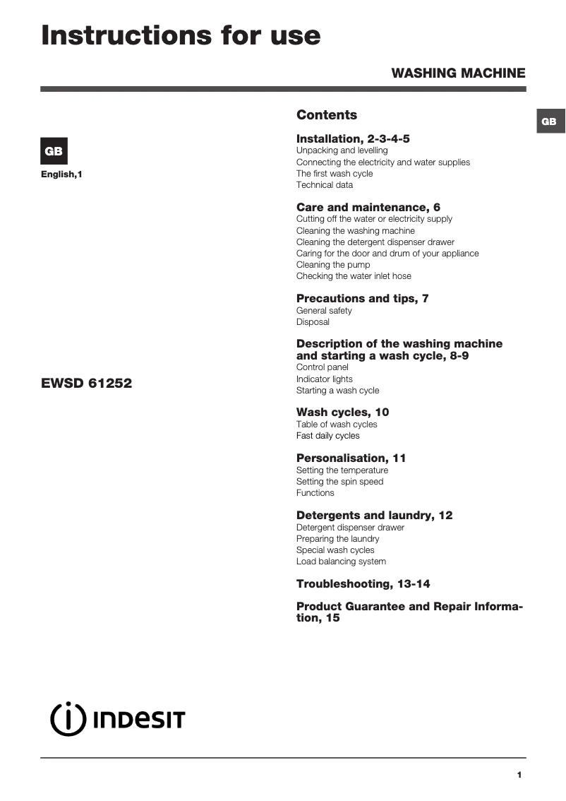 Page 1 de la notice Manuel utilisateur Indesit EWSD 61252 W UK.R