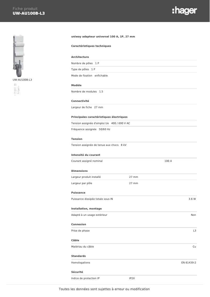 Page 1 de la notice Manuel utilisateur Hager UW-AU100B-L3