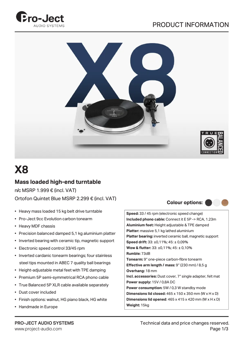Page 1 de la notice Fiche technique Pro-Ject X8