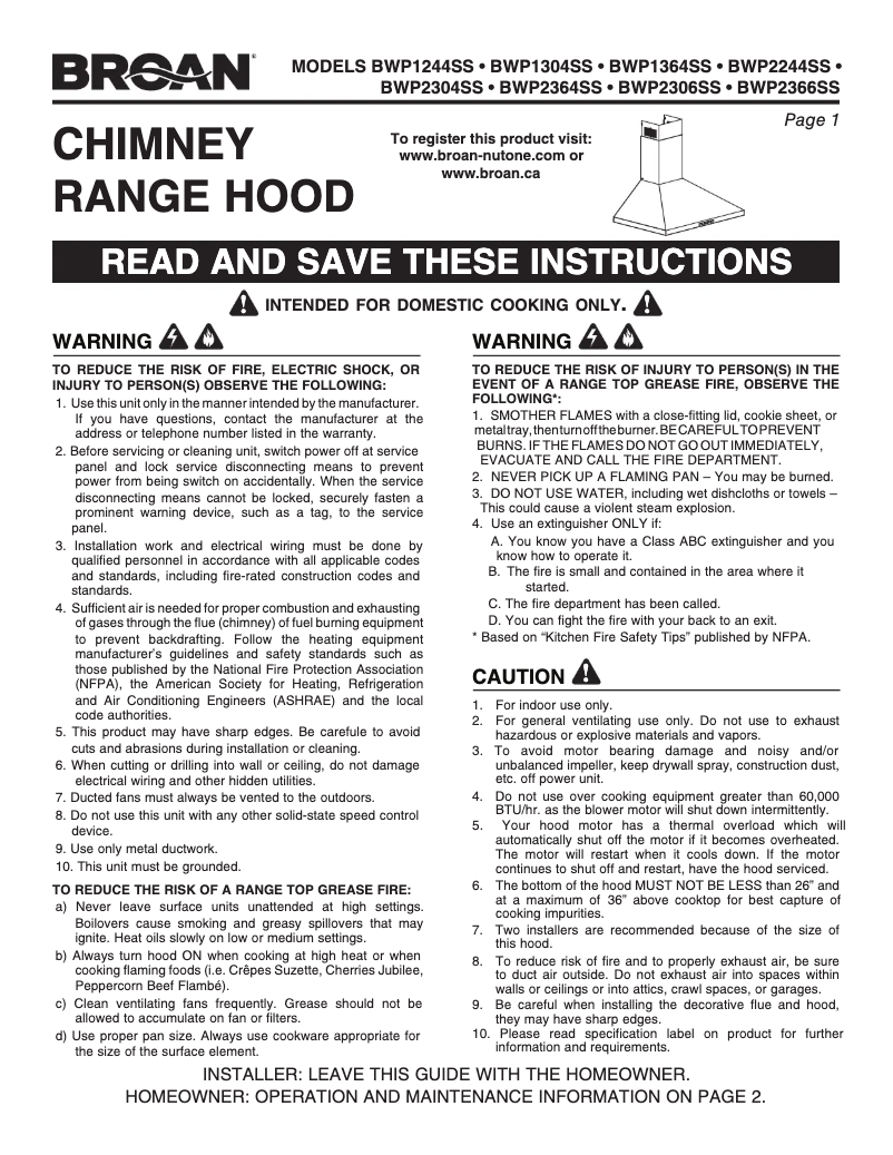 Page n°1 - Guide d'installation Broan BWP1244SS
