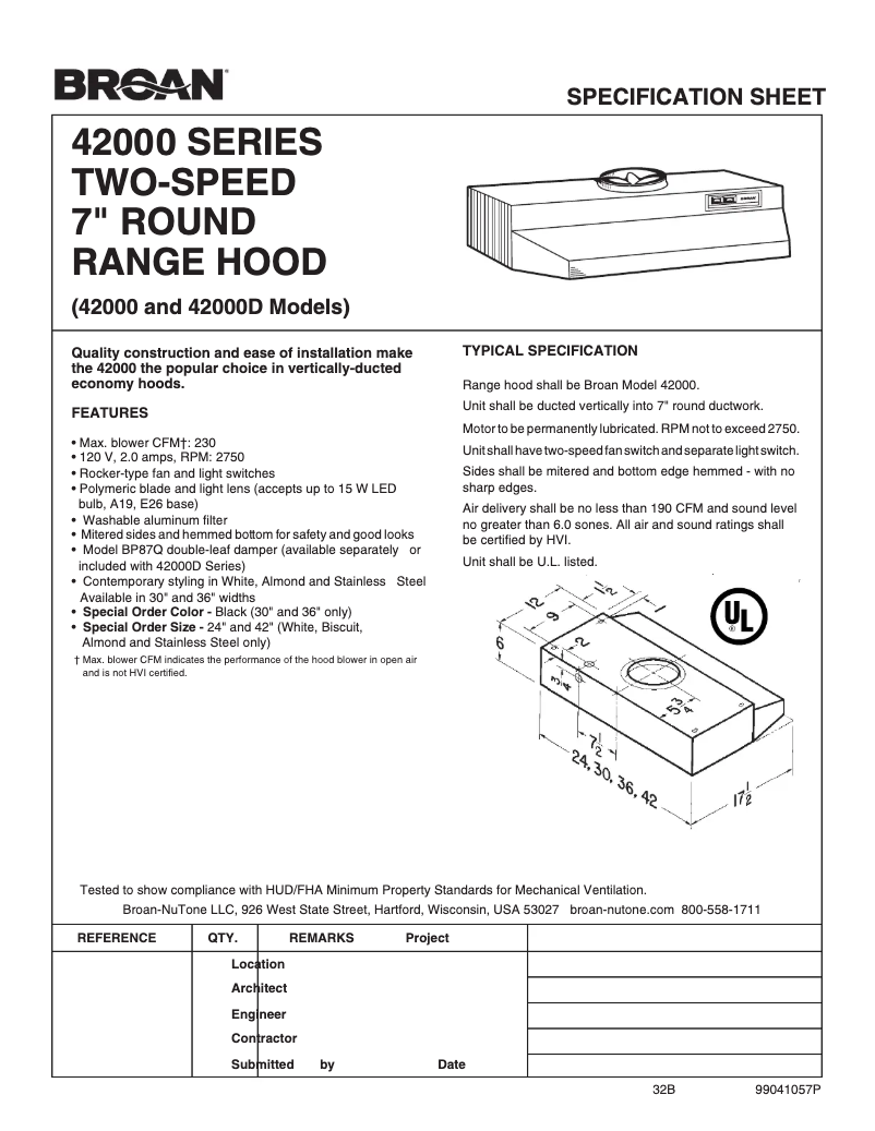 Page 1 de la notice Fiche technique Broan 423604