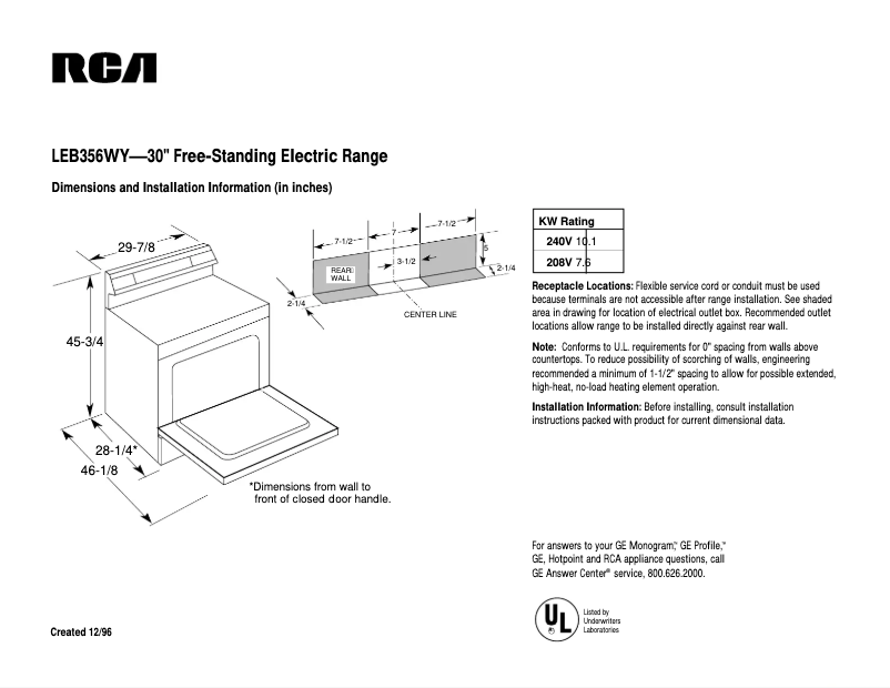 Page 1 of the manual Technical Sheet RCA LEB356WYWW